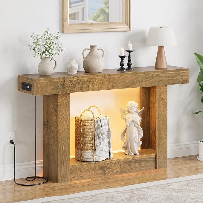 LIFECHOVY 47.2" Farmhouse Wood Entryway Table with Outlet, 2-Tier Console Table with Sensor Light Behind the Couch Sofa, Entrance Side Table for Hallway/Living Room/Foyer, Natural Oak