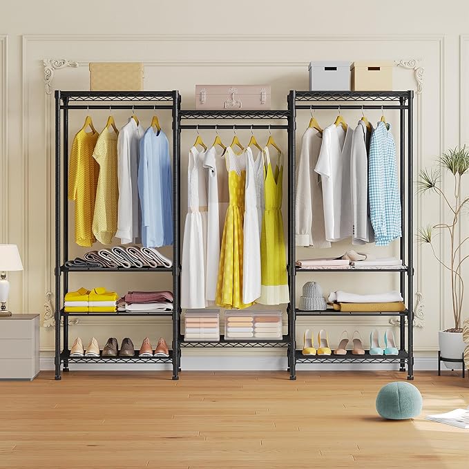 Higeego H12 Heavy Duty Clothes Rack with Adjustable 5-Tier Shoe Rack, Freestanding Clothing Racks for Hanging Clothes, Metal Shoe Organizer Large Closet Racks, 15.7" D x 68.7" W x 76.4" H, Black