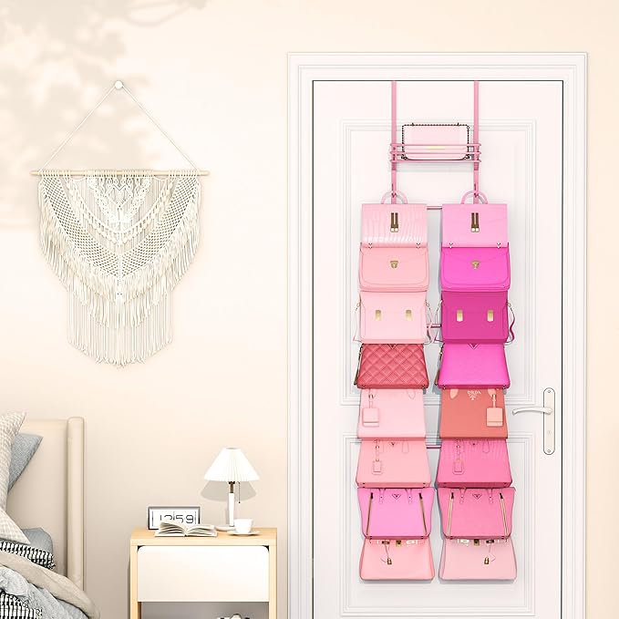 SWTYMIKI Over The Door Purse Organizer - Wall Mounted Handbag Organizer with 16 Hooks and Metal Basket, Hanging Purse Storage Rack Holds up to 16 Bags, Bag Rack Can Use As 1/2 Part, for Door, Closet