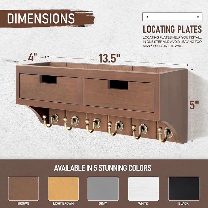 Rebee Vision Key and Mail Holder Wall Mount with 2 Drawer Organizer : Farmhouse Key Holder for Wall with 6 Key Hooks and Shelf - Rustic Home Decor for Apartment Essentials (Vintage Brown)