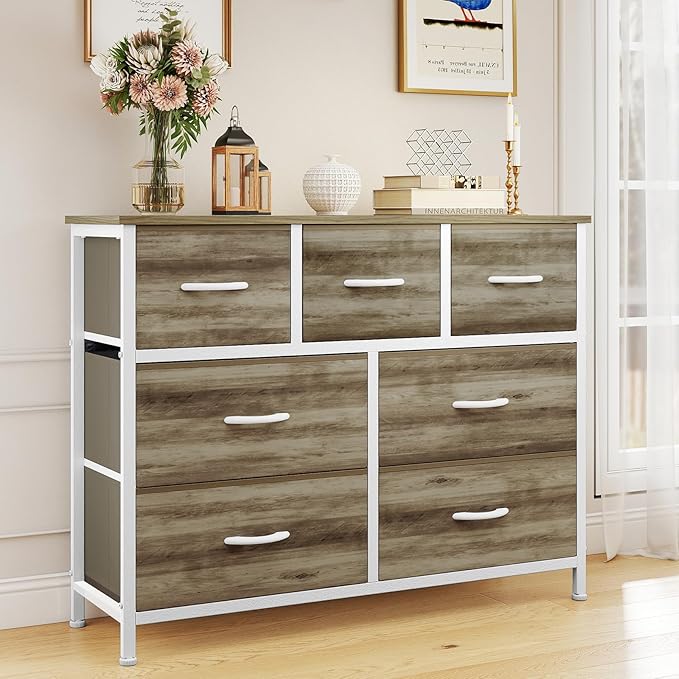 OLIXIS 7 Drawers Dresser for Bedroom, Fabric Storage Tower for Living Room, Entryway - Sturdy Steel Frame, Wooden Top and Easy Pull Fabric Bins, Closet Chests Organizer for Clothes,Oak Greige