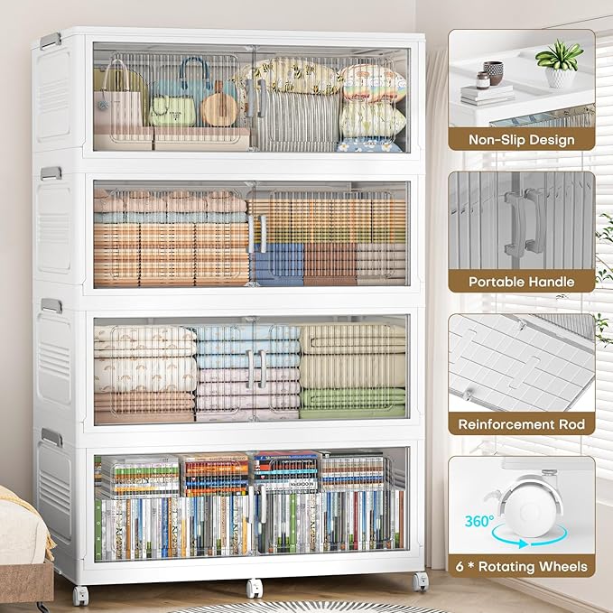 Extra Large Stackable Storage Bins with Lid, 350Gal/1750QT Foldable Collapsible Storage Box with Doors, Wheels and Drawers, Plastic Closet Organizer Container for Kitchen, Bedroom, Dorm, 5Pack