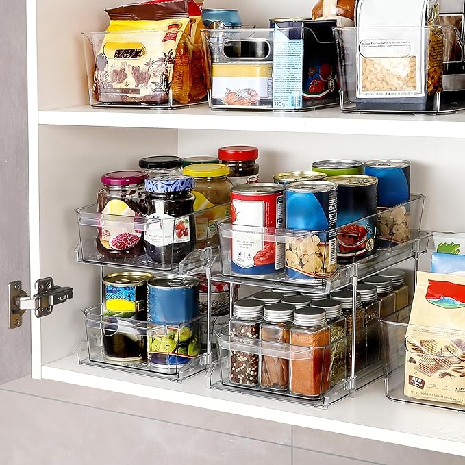 2 Tier Clear Organizer with Dividers for Cabinet, Shlef, Counter - MultiUse Slide-Out Storage Container - Kitchen, Pantry, Medicine Cupboard Bins, Bathroom, Vanity Makeup, Under Sink Organizing