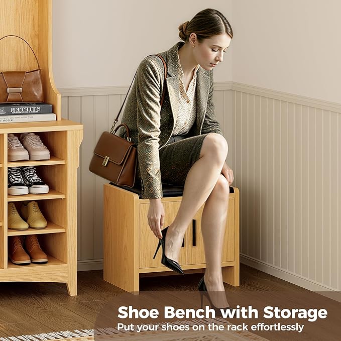 IRONCK 80" H 47" W Large Hall Tree with Bench and Shoe Storage, 6-in-1 Entryway Bench with Coat Rack, Adjustable Shelf, Hanging Hooks, 11 Shoe Cubbies, 2-Tier Top Storage for Entryway and Bedroom, Oak