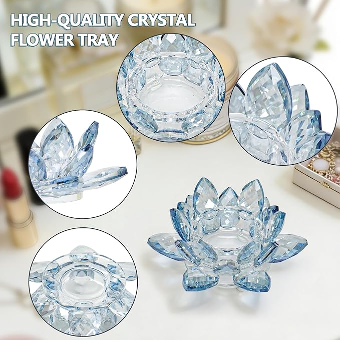 Crystal Flower Jewelry Tray, Luxury Transparent Decorative Trinket Dish for Rings, Earrings, Necklaces, Keys for Vanity Dresser Nightstand, Elegant Gift for Women Mother's Day (1, 4.4"(w) - Blue)