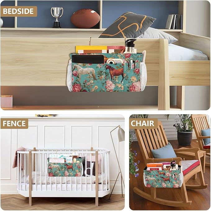 Bedside Caddy Hanging Bunk Bed Caddy Bed Organizer Hanging Pocket with 2 Hooks Bedside Storage Organizer Pocket Bag Holder Teal Horses and Red Roses