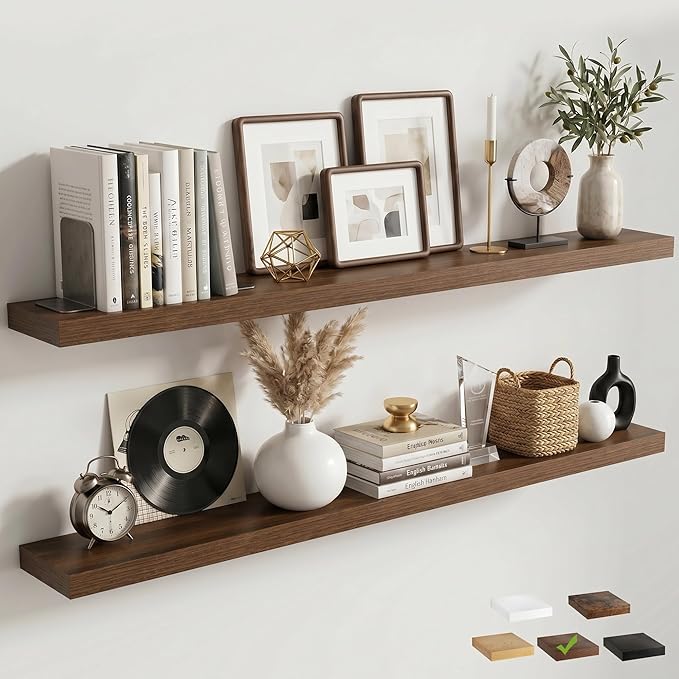 Venusmiles Floating Shelves for Wall, 55 Inch Floating Shelves Set of 2, 6.5" D Wooden Wall Mounted Display Shelves with Invisible Brackets for Living Room, Bedroom, Bathroom, Kitchen Decor, Walnut