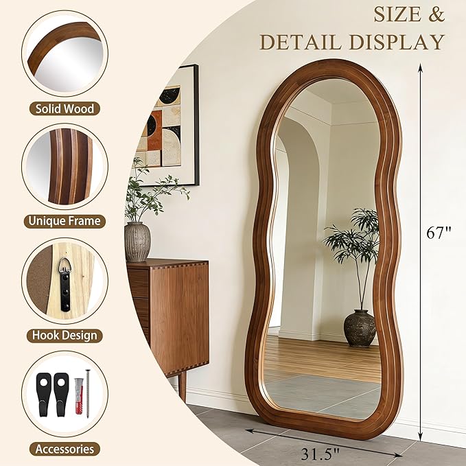 Wavy Full Length Mirror, 67"x31.5" Organic Floor Mirror with Triple-Layer Solid Wood Frame, Large Irregular Aesthetic Mirrors for Living Room Entryway Hallway, Leaning/Hanging