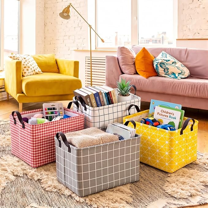 CHENGU 6 Pack Storage Basket with Handle Collapsible Canvas Bin for Gifts Plaid & Geometric Pattern Clothing Storage Bin Large Foldable Basket for Shelves, Closet, Nursery, Home Organization, 6 Colors