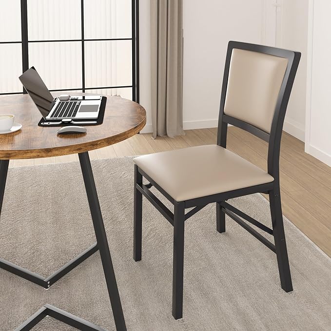 VECELO Folding Chairs Set of 2 with Cushion, Foldable Padded Seats with Heavy Duty Metal Frame for Kitchen/Dining/Living Room, No Assembly & Space Saving Design, Beige