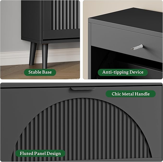Xixini Shoe Storage Cabinet with 4 Flip Drawers, 36" Freestanding Wood Fluted Shoe Organizer for Entryway, Tall Narrow Wooden Hidden Slim Shoe Rack for Front Door Entrance, Hallway, Foyer, Solid Black