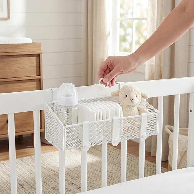 Bedside Shelf for Bed & Bunk Bed Storage Basket Office Cubical Wall Hanging Organizer - 5 Different Size Hooks - College Dorm Home Office Essentials for Phone,Book,Drink,Tissue (White)