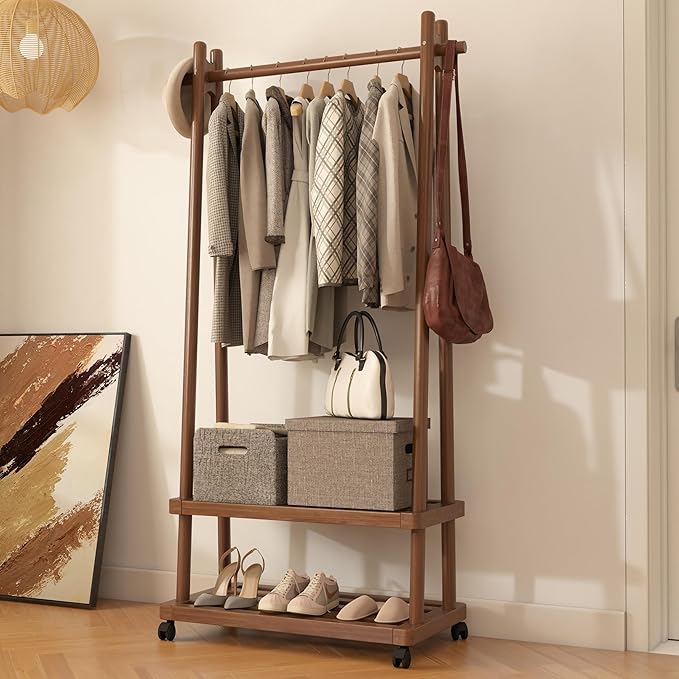 Solid Wood Clothing Rack Freestanding with Wheels, 3-in-1 Coat Rack with 2 Shelves & Hooks Load 500 Lbs, Heavy Duty Garment Rack for Hanging Clothes & Organizer for Entryway Bedroom Living Room 23.6"W