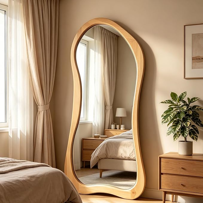 Irregular Full Length Mirror, 71"x33.5" Oversized Organic Floor Mirror with Solid Wood Frame, Asymmetrical Full Body Mirrors for Living Room Entryway Hallway Cloakroom, Leaning/Hanging