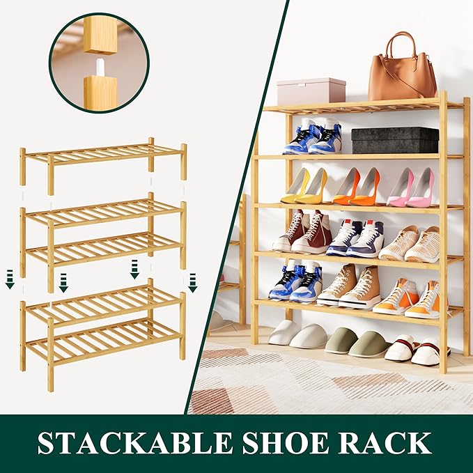 Smiry Bamboo Shoe Rack, 4 Tier Free Standing Wooden Shoe Organizer, Stackable Wood Shoe Storage Shelf for Closet, Entryway, 12 Vertical Slats, 2+2 Stack Standard Legs, 26.8"x11"x26", Natural