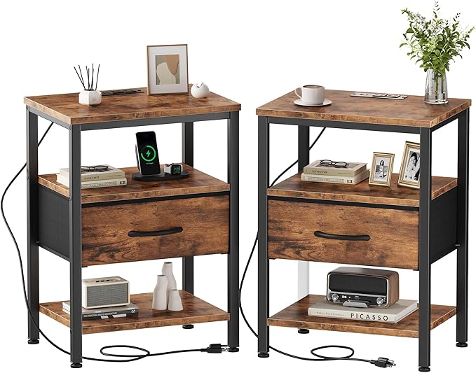 DUMOS Nightstand Set of 2 with Wireless Charging Station Bed Side Tables with Adjustable Fabric Drawers and 3 - Tier Storage End Tables Modern Design, Brown