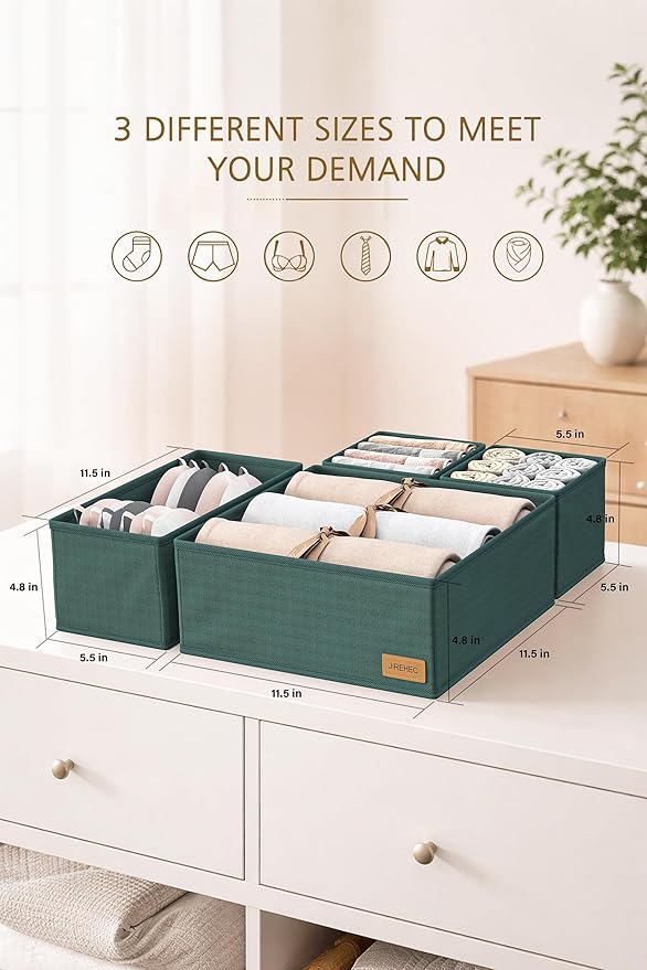 Clothes Organizer, Transform Your Drawers in Seconds - Green Set of 6 Foldable Storage Boxes with Zipper, Durable 600D Fabric, Includes Fragrance Sachets, Ideal for Underwear, Socks, Baby Clothes