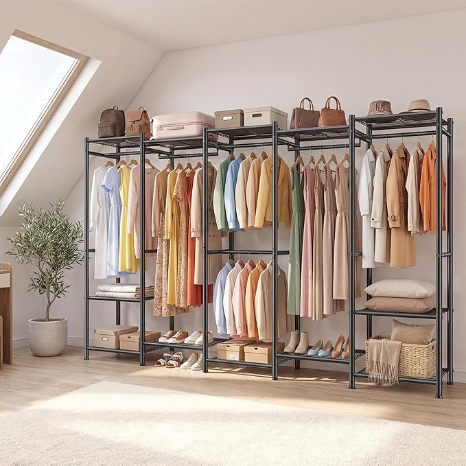 Raybee Clothes Rack, Clothing Racks for Hanging Clothes, Extra Large Metal clothing rack, Freestanding Wardrobe Closet, Garment Rack with Shelves, Portable Closet for Bedroom, Black