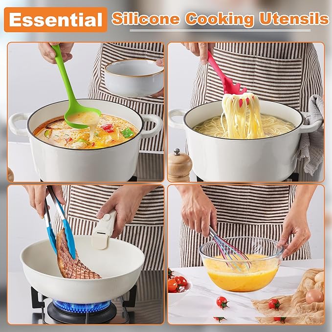 LIANYU 14 Pcs Cooking Utensils Set with Holder, Silicone Kitchen Cookware Utensils Set, Heat Resistant Cooking Gadget Tools Includes Spatula Spoon Turner Whisk Tong, Dishwasher Safe, Colorful