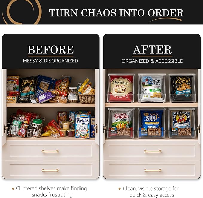 Sorbus Stackable Snack Organizer Bins Open Front – Clear Pantry Storage Bins for Chips, Snacks & Food Pouches – Kitchen Pantry Organizer (4 Pack)