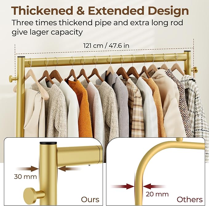 HYSEYY Clothes Clothing Rack, Rolling Heavy Duty Clothes Rack Load 420 LBS With Wheels, Metal Clothes Rack for Hanging Clothes, Portable Standing Clothes Garment Rack,Gold,48 inches
