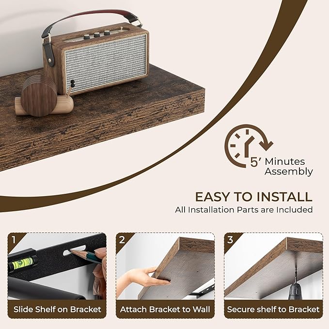 RICHFOCUS 28Inch Floating Shelves for Wall 2 Pack Shelves for Bedroom|Kitchen|Bathroom|Laundry Room Rustic Wood Wall Mounted Shelf with Invisible Brackets for Books|Storage|Decor, Rustic Brown
