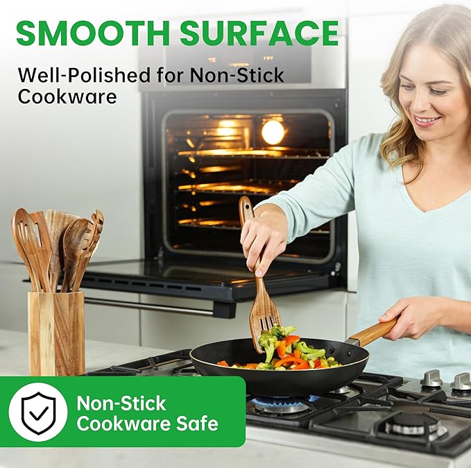 Solidith Acacia Wooden Spoons for Cooking, 5-Piece Wooden Kitchen Utensil Set with Spatula, Slotted Spoon & Pasta Fork, Non-Stick Safe Cooking Utensils, Durable Natural Wood Kitchen Tools Gift Set