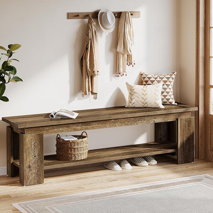 Tribesigns 63" Long Entryway Bench, Rustic Wooden Shoe Bench with Storage Shelf, Farmhouse End of Bed Bench for Hallway, Living Room, Mudroom, Brown