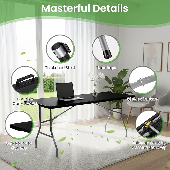 Folding Table 6FT Portable Heavy Duty Plastic Table with Carrying Handle Fold-in-Half Utility Foldable Tables for Parties Wedding Events Dining Indoor Outdoor Picnic (Black)