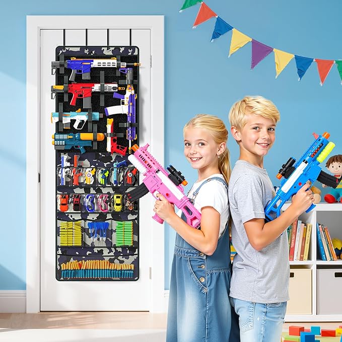 Over The Door Organizer for Toy Guns, Toy Storage, Toys Organizer with Pockets, Hook&Loop Straps for Foam Blasters, Darts, Goggles, Hanging Toys Gun Storage for Kid Rooms, Play rooms, Camouflage