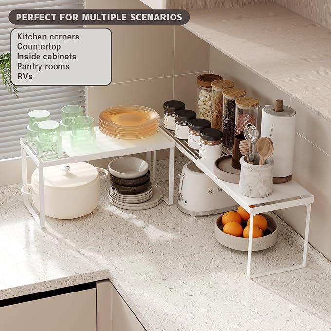 Magheo Expandable Cabinet Shelf Organizer, 2 Pack Stackable Kitchen Counter Shelf Riser, Metal Spice Rack Heavy Duty Countertop Organizer Storage for Kitchen, Pantry, Cupboard, Rv (8.7in Height,White)