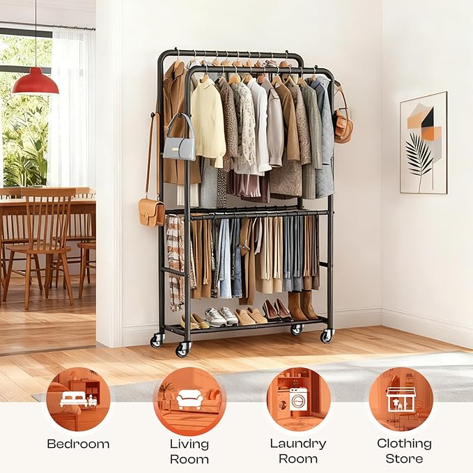 Clothes Rack - 4-Bar Double Rod Clothing Rack with 15 Pants Racks - Rolling Clothes Rack with Shelves - Portable Garment Rack for Bedroom Laundry Room Closet - Black