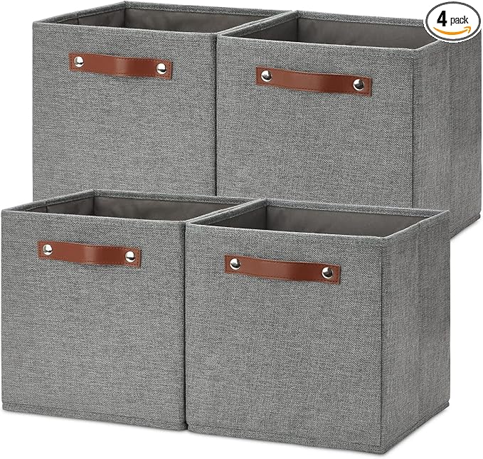 Temary 11 Inch Cube Storage Bins 4PCs Fabric Storage Cubes Storage Baskets Organizer with Handles, Foldable Baskets for Organizing Clothes, Toys, Towels (Grey, 11x11x11)