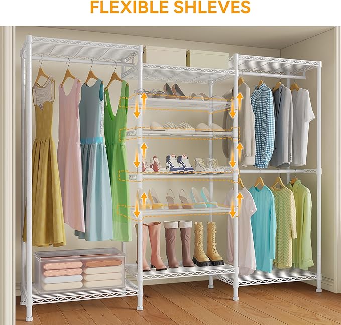 Higeego H12 Heavy Duty Clothes Rack with Adjustable 5-Tier Shoe Rack, Metal Clothing Racks for Hanging Clothes, Freestanding Shoe Organizer Large Garment Racks, 15.7" D x 68.7" W x 76.4" H, White