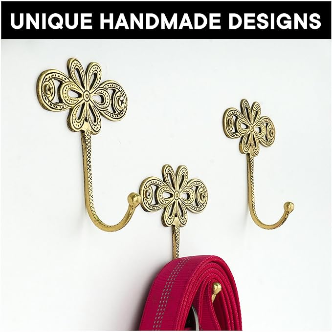 Indian Shelf 33 Lb. 3 Pieces Key Holder Flower Vintage Brass Decorative Wall Hooks for Hanging Unique Coat Rack Wall Mount Antique Towel Hangers Gold