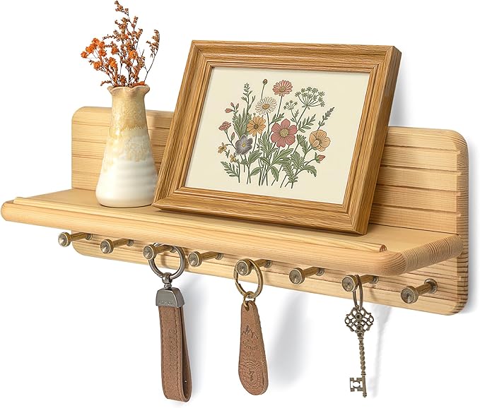 Farmhouse Key Holder Wall Mount for Office Decor – Rustic Key Hanger with 8 Sturdy Hooks & Floating Shelf for Small Plant or Mail Storage – Wall Organizer for Entryway, Living Room (Natural Wood)