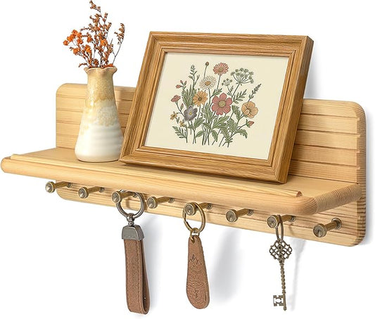 Farmhouse Key Holder Wall Mount for Office Decor – Rustic Key Hanger with 8 Sturdy Hooks & Floating Shelf for Small Plant or Mail Storage – Wall Organizer for Entryway, Living Room (Natural Wood)