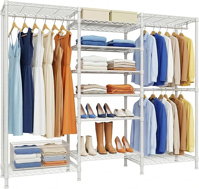 Higeego H12 Heavy Duty Clothes Rack with Adjustable 5-Tier Shoe Rack, Metal Clothing Racks for Hanging Clothes, Freestanding Shoe Organizer Large Garment Racks, 15.7" D x 68.7" W x 76.4" H, White
