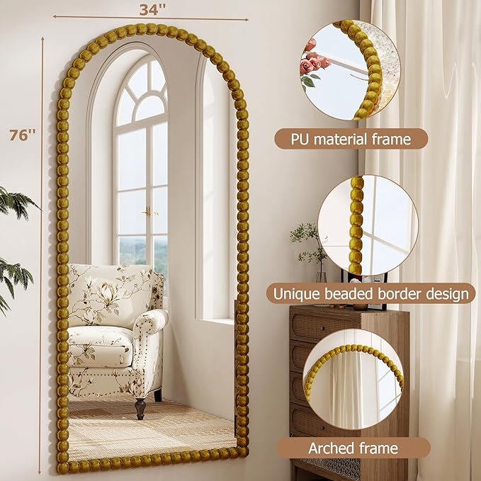 34"x76" Gold Arched Full Length Mirror, Vintage Beaded Decorative Floor Full Body Dressing Mirror as Room Decor Hanging Leaning Standing for Living Room, Bedroom, Vanity Area