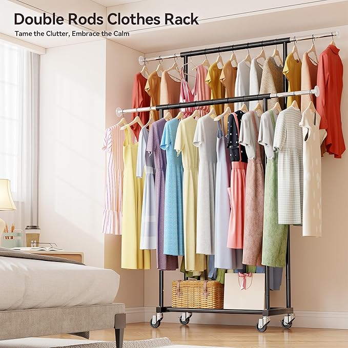 80" Tall Clothing Rack for Hanging Clothes 400 Lbs, Double Rod Rolling Clothes Rack with Lockable Wheels, Portable Garment Coat Rack for Bedroom Laundry Living Room, Black