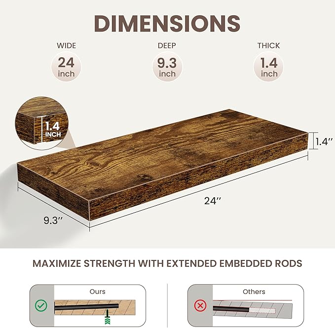 24 Inch Floating Shelves for Wall Decor,9.3" Deep Floating Shelf Wall Book Shelves,Large Display Storage Shelf,Wall Mounted Shelves with Invisible Bracket for Living Room,Bedroom,Bathroom,Rustic Brown