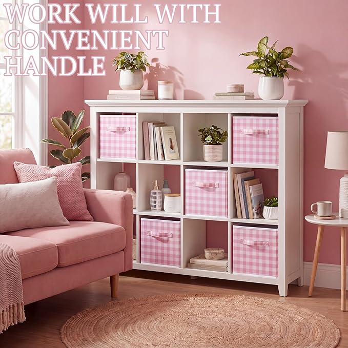 Yalikop 6 Pcs Pink Checkered Cube Storage Bins, 11 Inch Fabric Gingham Classroom Storage Bins Organizer with Handle Preppy Collapsible Cubby Basket for Classroom Home Nursery Playroom Bedroom
