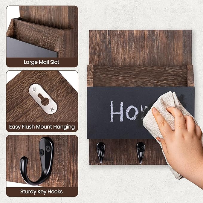 Key and Mail Holder for Wall Mount, Entryway Mail Holder with 2 Slot, Key Holder with 3 Sturdy Hooks for Coat, Dog Leash, Decorative Key Rack (8.86”W x 11.42”H x 3”D) (Brown)