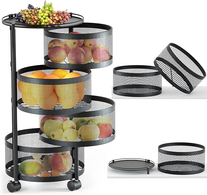 Rotating Storage Rack for Kitchen, 4 Tier Fruit and Vegetable Storage for Kitchen Rotating Storages Rack with Wheels, Cart Space Saver Potatoes Fruit Basket, Black