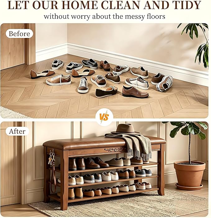 Shoe Rack Bench Entryway Storage with Leather Cushion, Shoe Organizer Bench for Entryway, Front Doors Entrances Hallway,Mudroom,Closet, Bedroom,Solidwood 3 Height-Adjustable Removable Shelve,23.6"