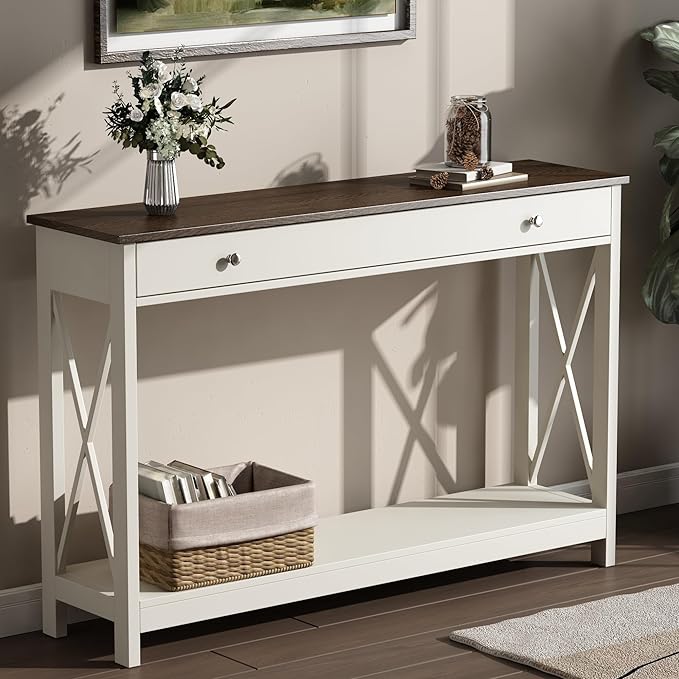 Treocho 47" Farmhouse Console Table with Drawer and Storage Shelves, Foyer Sofa Table Narrow for Entryway, Living Room, Hallway, Antique White & Brown