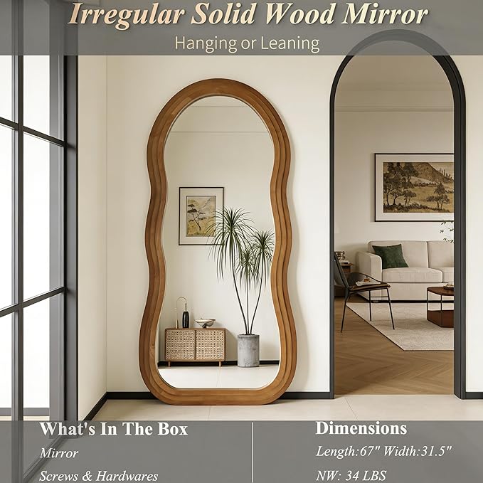 Wavy Full Length Mirror, 67"x31.5" Organic Floor Mirrors with Triple-Layer Solid Wood Frame, Large Irregular Aesthetic Mirror for Living Room Entryway Hallway Cloakroom, Leaning/Hanging