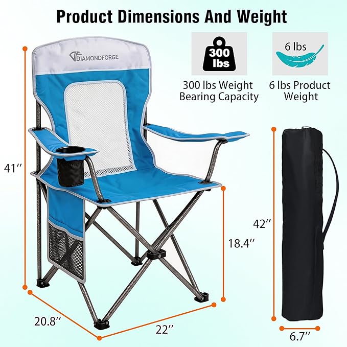 Camping Chairs, High Back Breathable Mesh Camping Chair 300 LBS Capacity, Portable Outdoor Lawn Chairs Folding with Cup Holder for Picnic, Lawn, Beach, Fishing and Sports (Blue White)