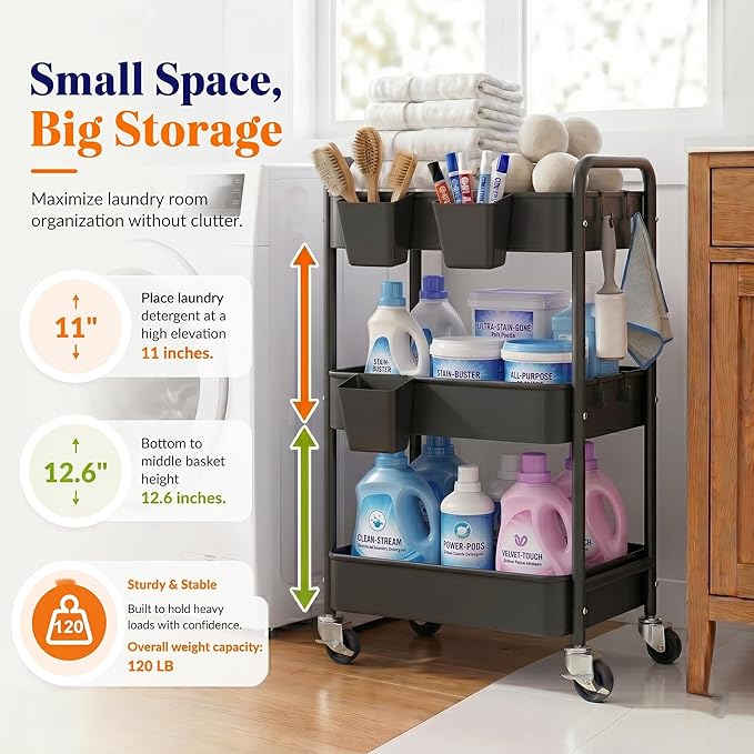 3 Tier Rolling Cart Metal with Wheels, Black Three Tiered Art Cart Organizer on Wheels, Storage Utility Trolley Carts for Kithcen, Craft, Nail, Lash, Makeup, Salon,Bedside, Bathroom, Office, Snack