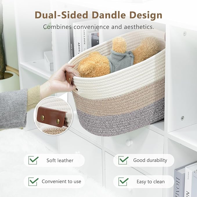 ECDYQXVU Cotton Rope Basket, Storage Baskets with Handle, 15x10x9 Inch Woven Basket for Shelves, Laundry, Towels, Clothes, Books, (Gradient Brown 1 Pack)